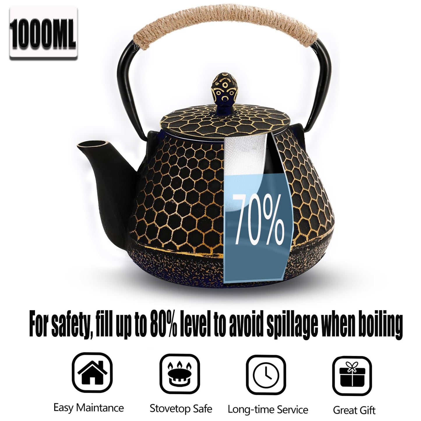 Cast Iron Tea Pot - Honeycomb Pattern Tea Kettle with Tea Leaf Infuser,Stovetop Tea Kettle Coated with Enameled Interior,Suitable for Brewing Loose Leaf Tea (Gold)
