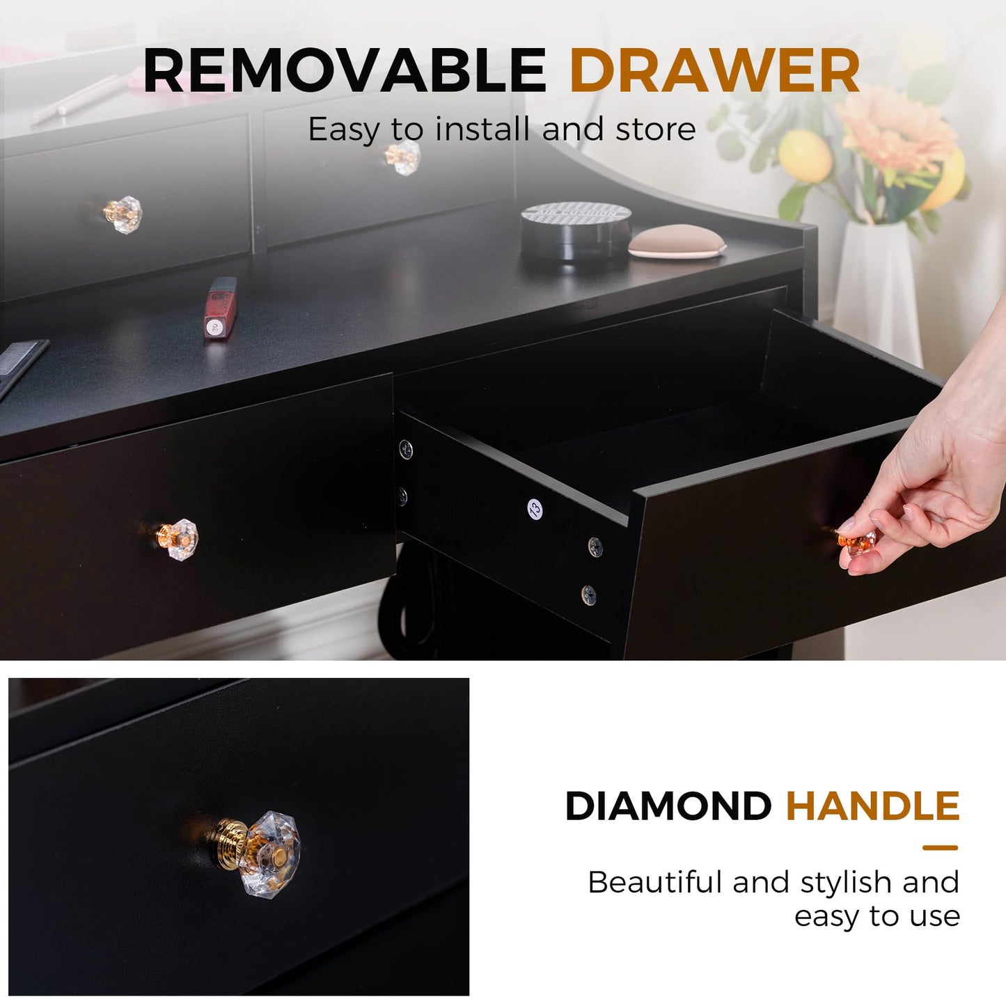 COMHOMA Makeup Vanity Desk with Mirror and Lights, Vanity Table and Chair Set with 5 Drawers and Charging Station, Bedroom Dresser LED Mirror Stepless Dimmable & 3 Color Modes Adjustable, White