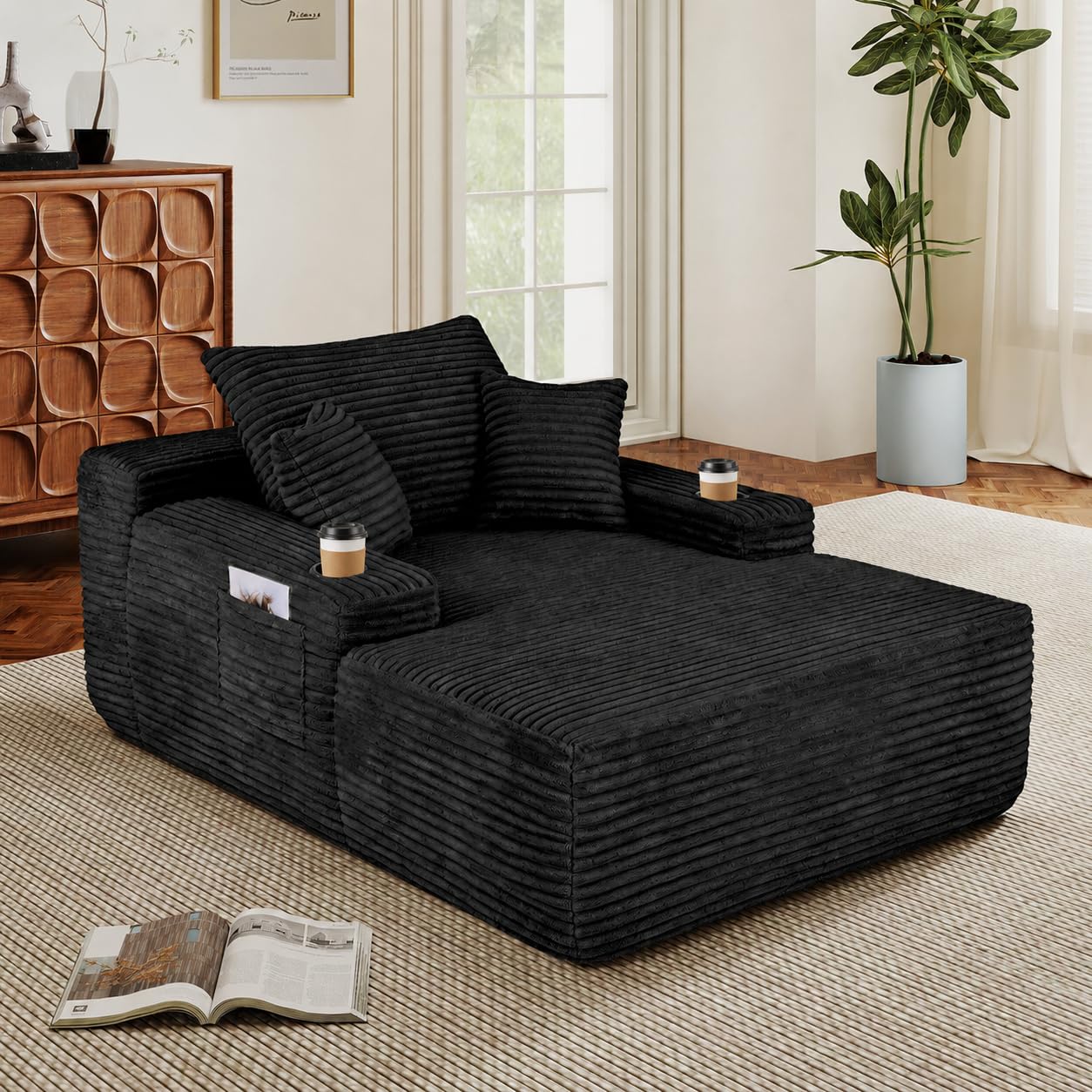 Rovibek 65" Chaise Lounge Chair Indoor, Oversized Boneless Chair for Living Room, Sofa Sleeper Chair with Cup Holders & Throw Pillows No Assembly Required, Black
