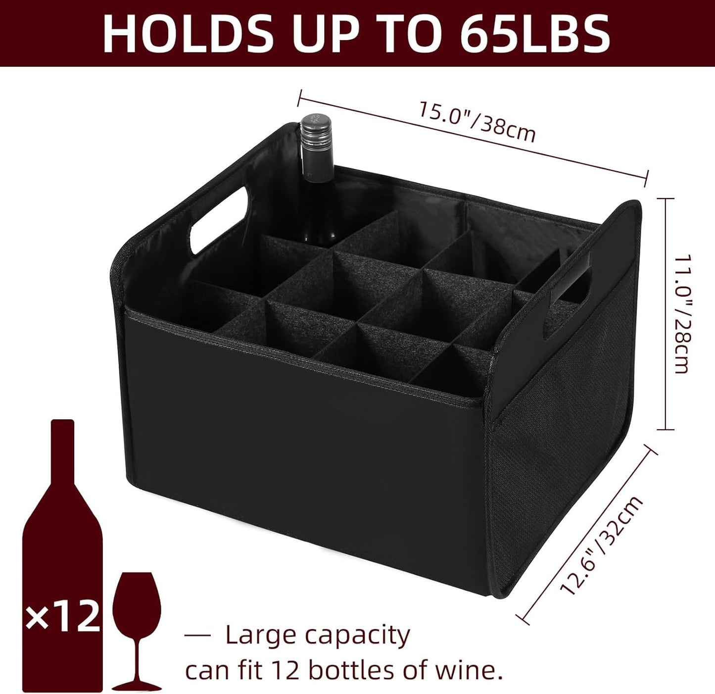 12 Bottle Wine Carrier - Collapsible Premium Felt Tote with Handles for Travel, Party, Picnic, Black
