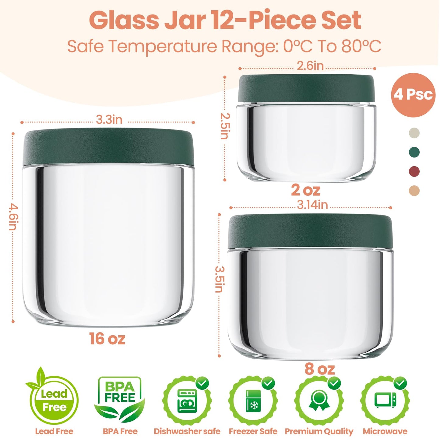 12Pack Overnight Oats Containers with Lids, 16oz, 8oz & 4oz Glass Jars with Airtight Lids, Wide mouth Mason Salad jars, Glass Food Storage Containers for Yogurt Chia Pudding Snacks Cereal & Spices