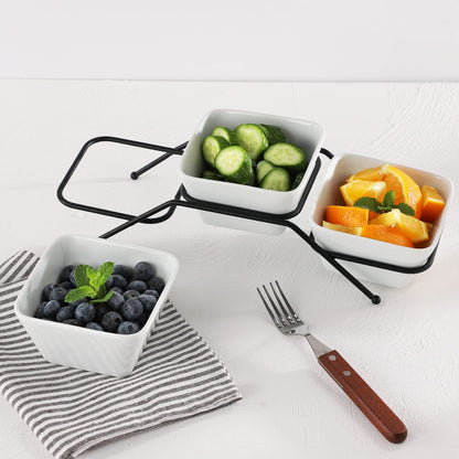 Buyajuju 3 pcs square bowl Porcelain Chip & Dip Serving Set with Black Metal Stand, 4.5inch White Small Serving Bowls for Side Dishes, Salsa, Appetizer, Serving Dishes for Entertaining 11.5 OZ