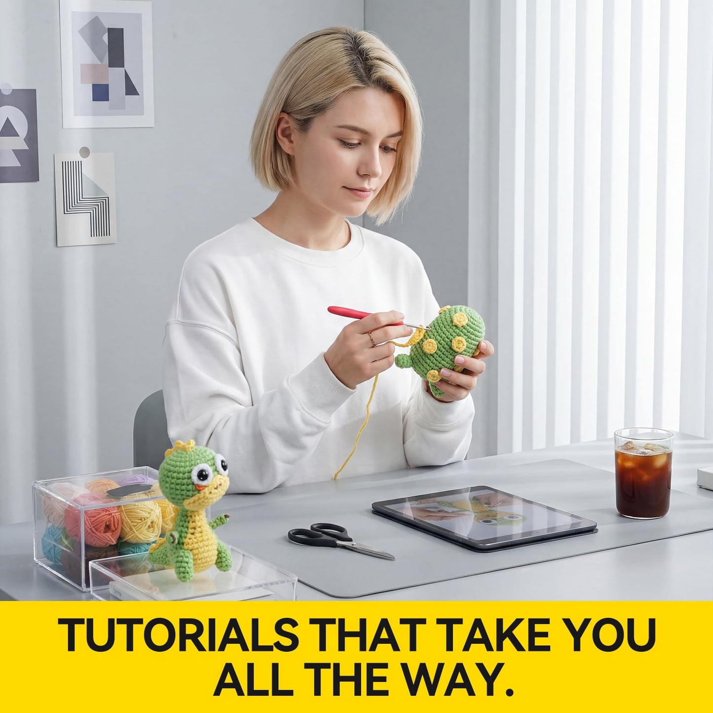 Eelexa Crochet Kit for Beginners - 2 Pack Set with Dinosaur Plush, Egg& Squeaker, Complete Starter Kit with Yarn, Tools & Video Tutorial, DIY Animal Craft Gift for Lovers