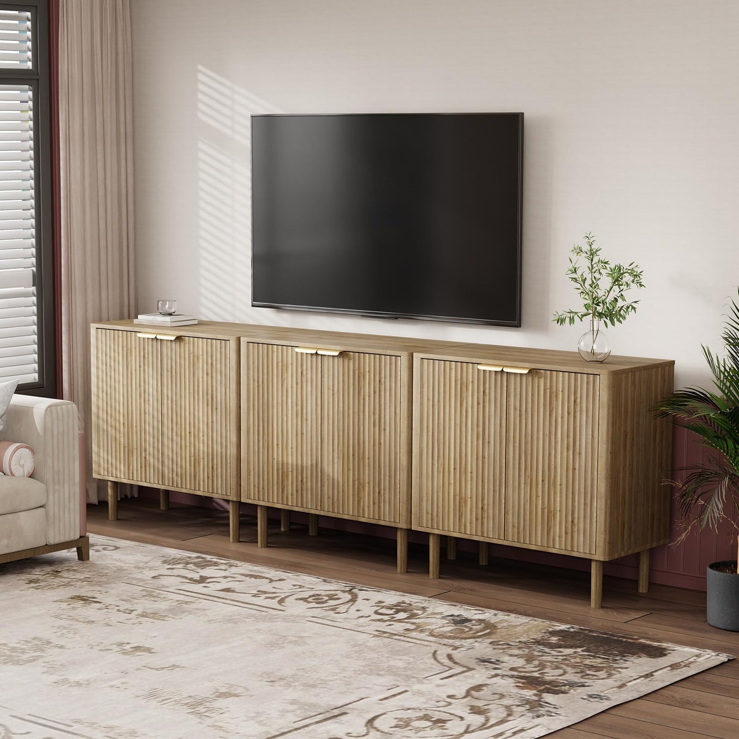Sideboard Buffet Cabinet with Storage, Modern Fluted Accent Credenza with Doors & Adjustable Shelves, Wood Coffee Bar Console Table for Living Room, Dining Room, Kitchen or Entryway 31.5"(2pcs)Oak