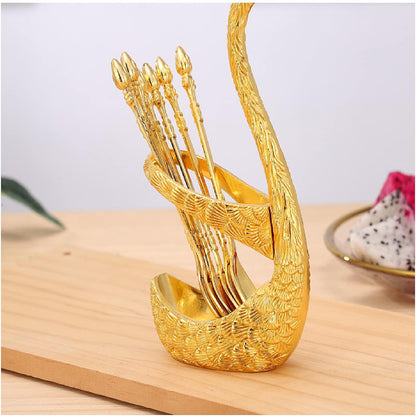 6pcs Coffee Spoon Set, Stainless Steel Mini Dessert Teaspoons with Swan Base Holder, Gold