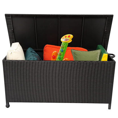 Celah 120 Gallon Outdoor Deck Box Storage Container, Rattan Wicker Storage Box with Handles and Wheels for Patio Furniture Cushions, Garden Tools, Pool Accessories (Black)