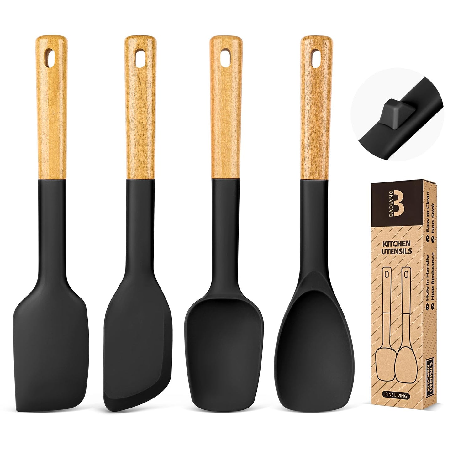 Silicone Spatula Spoon Set, Great for Mixing, Folding, Scraping, and Spreading, Sturdy BPA-Free Matte Silicone, Wooden Handle Rubber Spoonula for Nonstick Cookwares,4 Pack (BLACK)