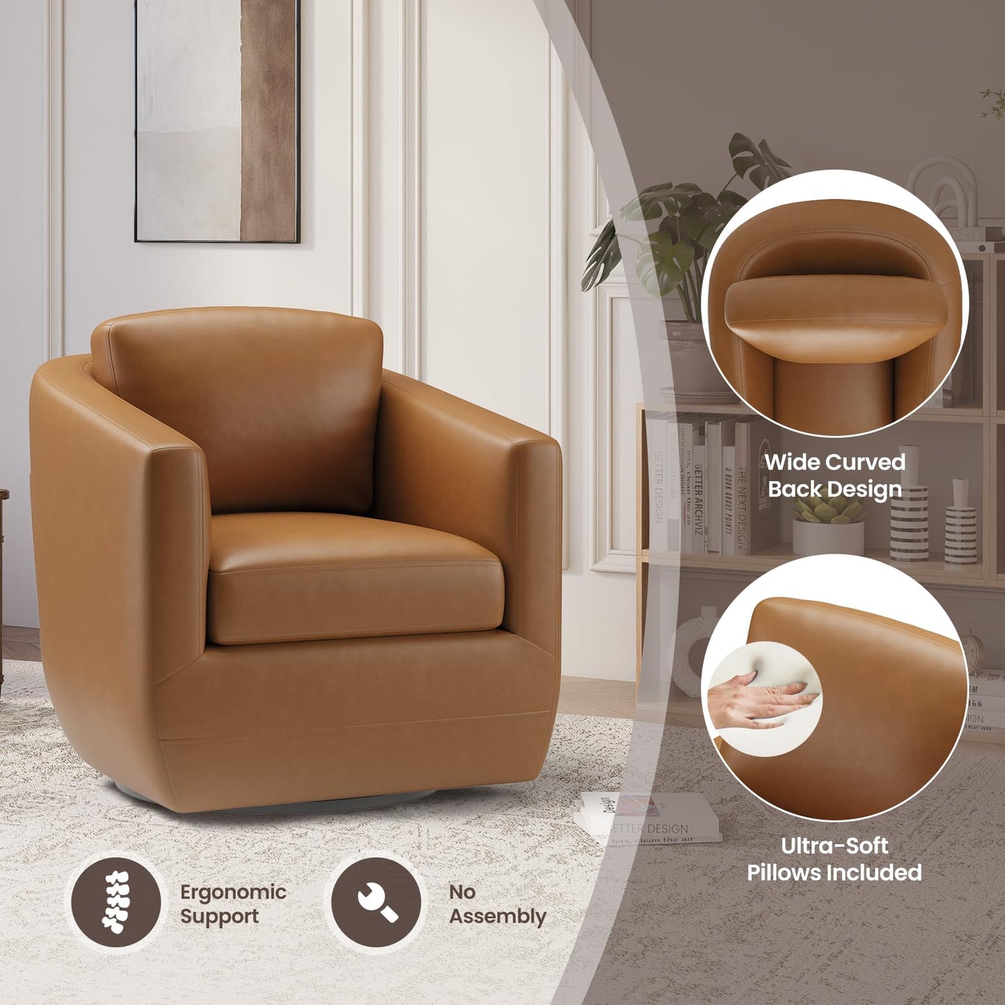 COLAMY 360° Swivel Accent Chair with Pillow, Leather Living Room Armchair No-Sag Foam & Sturdy Metal Base, Fully Assembled Swivel Accent Single Sofa for Bedroom Living Room, Reading Room, Brown