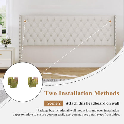 Furpopup King Size Headboard Only, Wingback Wall Mount Headboard King Size for Adjustable Bed Featuring High-Density Sponge Padding, Luxury Texture Easy Assembly Comfort and Style, Ivory