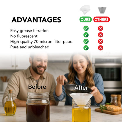 100 Filter Papers Premium Grease Container 10 Inch Spoon Oil Filter Kitchen Cooking Reusable Strainer Separator Holder Deep Fryer Paper Food Cones Maple Syrup Pot Frying Cone Tray Lid (2)