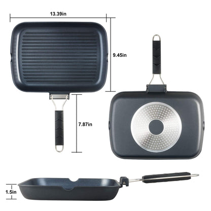 S·KITCHN Grill Pan with Folding Handle, Nonstick Grilling Pan for Stove Tops, Induction Compatible Rectangle KBBQ Pan with Pour Spouts - 13 × 9IN