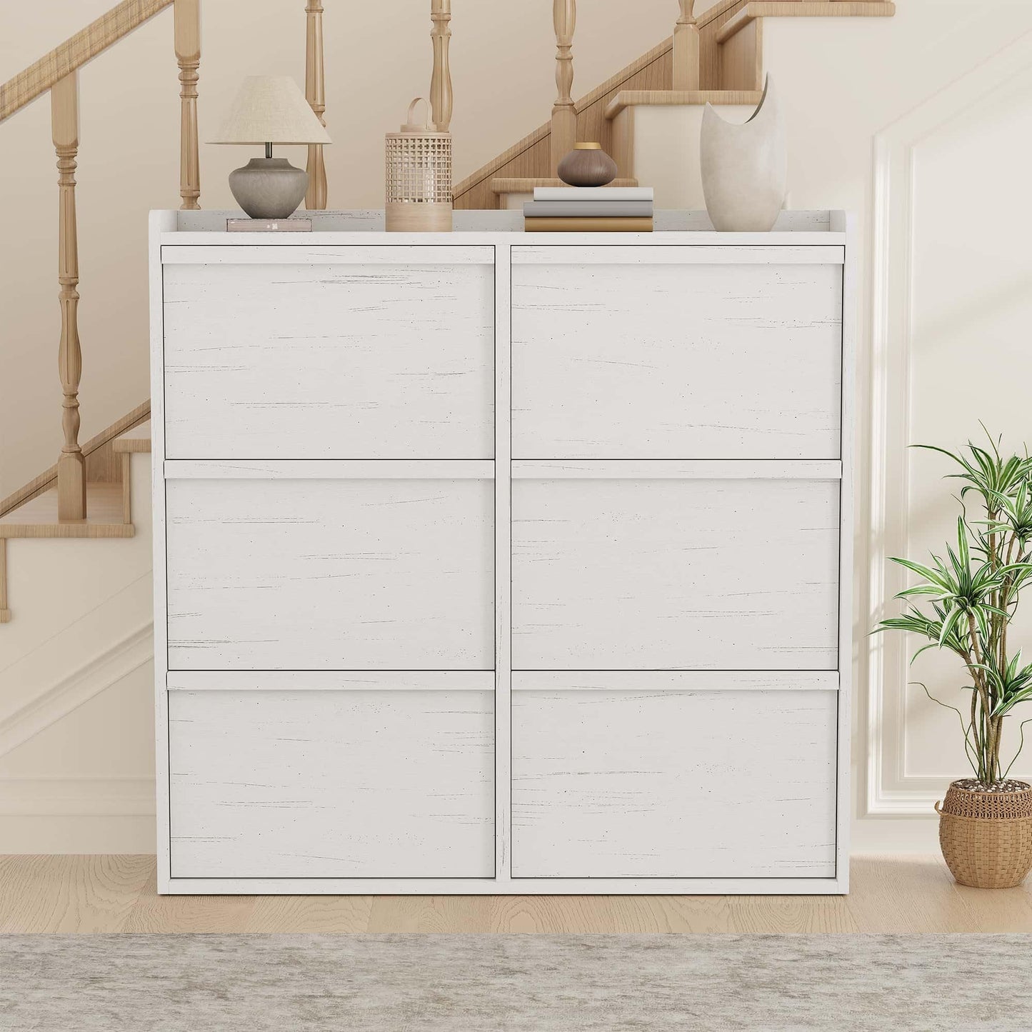 CABIHOME Shoe Cabinet with 6 Flip Drawers, Narrow Cabinet with Adjustable and Removable Shelves, Modern Wooden Shoe Organizer with Hidden Handle for Entryway, Hallway, Living Room, Antique White