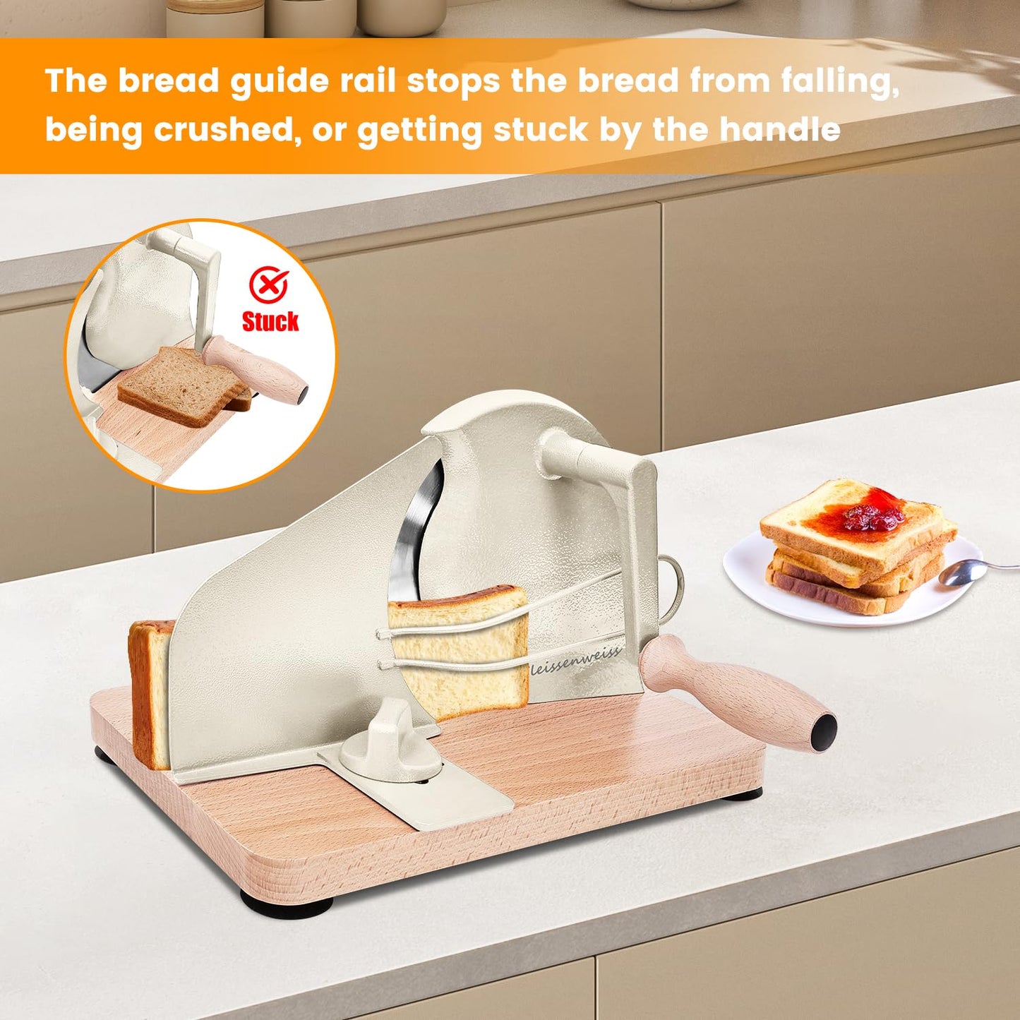 Gleissenweiss Stainless Steel Bread Slicer – Adjustable Manual Sourdough Bread Cutter with Hand Crank & Precise Thickness Control – Classic Homemade Bread Slicer for Kitchen & Bakery (Cream)