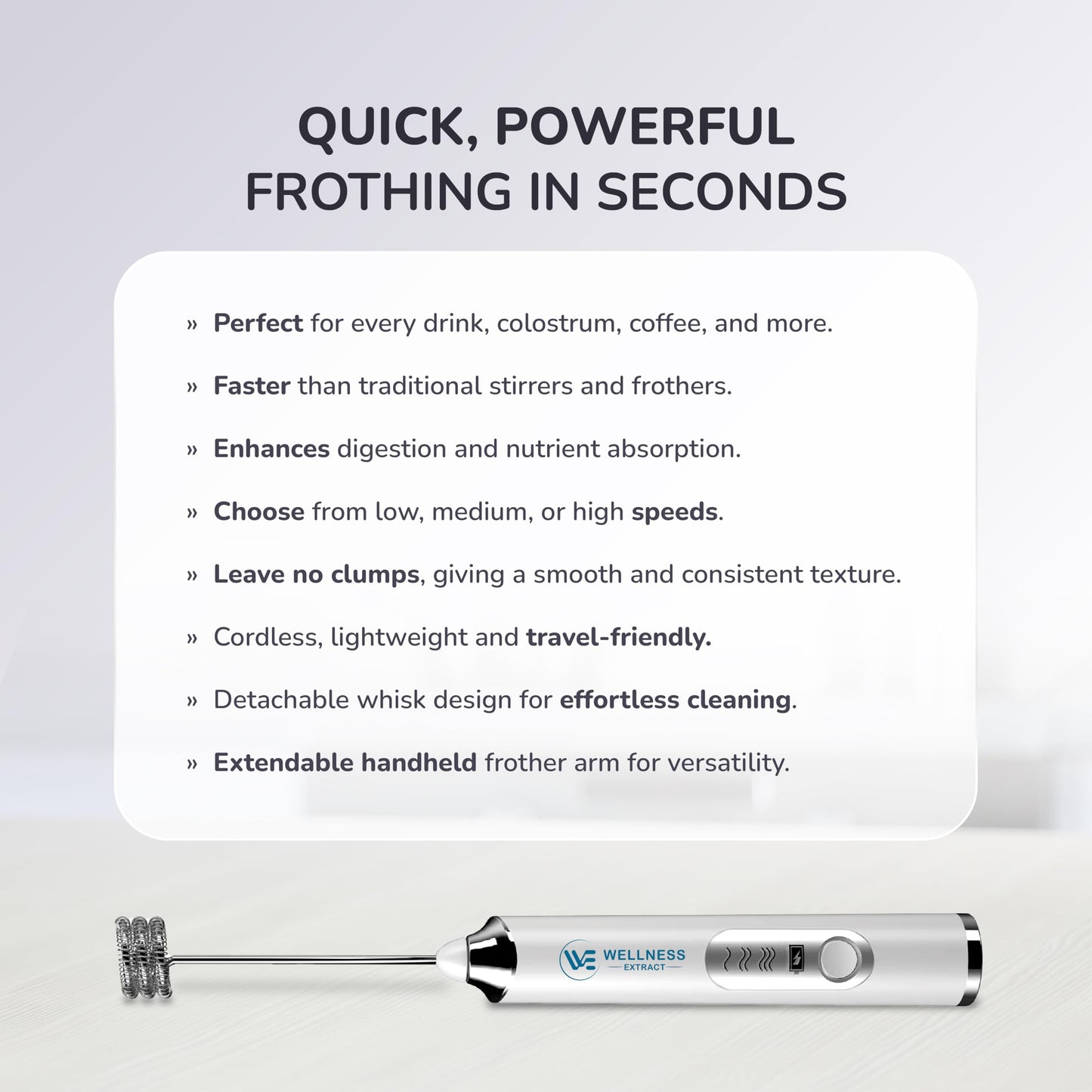 Wellness Extract Multi-Speed Rechargeable Electric Milk Frother, Li-ion Battery Powered – Certified Safe, Ideal for Coffee, Matcha, Protein & Colostrum