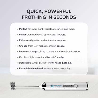 Wellness Extract Multi-Speed Rechargeable Electric Milk Frother, Li-ion Battery Powered – Certified Safe, Ideal for Coffee, Matcha, Protein & Colostrum