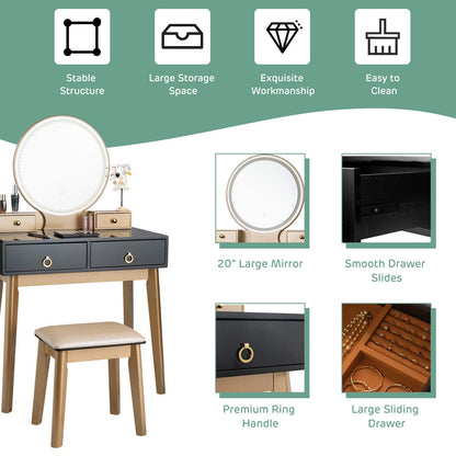 FANTASK Vanity Table Set, LED Lighted Makeup Table w/ 3 Color Round Lighting Mirror Touch Screen 4 Drawers, Makeup Dressing Table w/Cushioned Stool for Bedroom (Black)