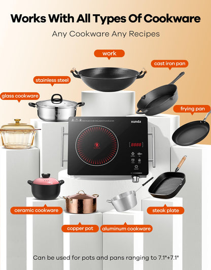 xunda 1800W Portable Electric Stove, 110v Electric Burner with Carry Handle Hot Plate, Ceramic Infrared Single Burner Cooktop, Touch & Knob Control Timer, Safety Lock (Black)
