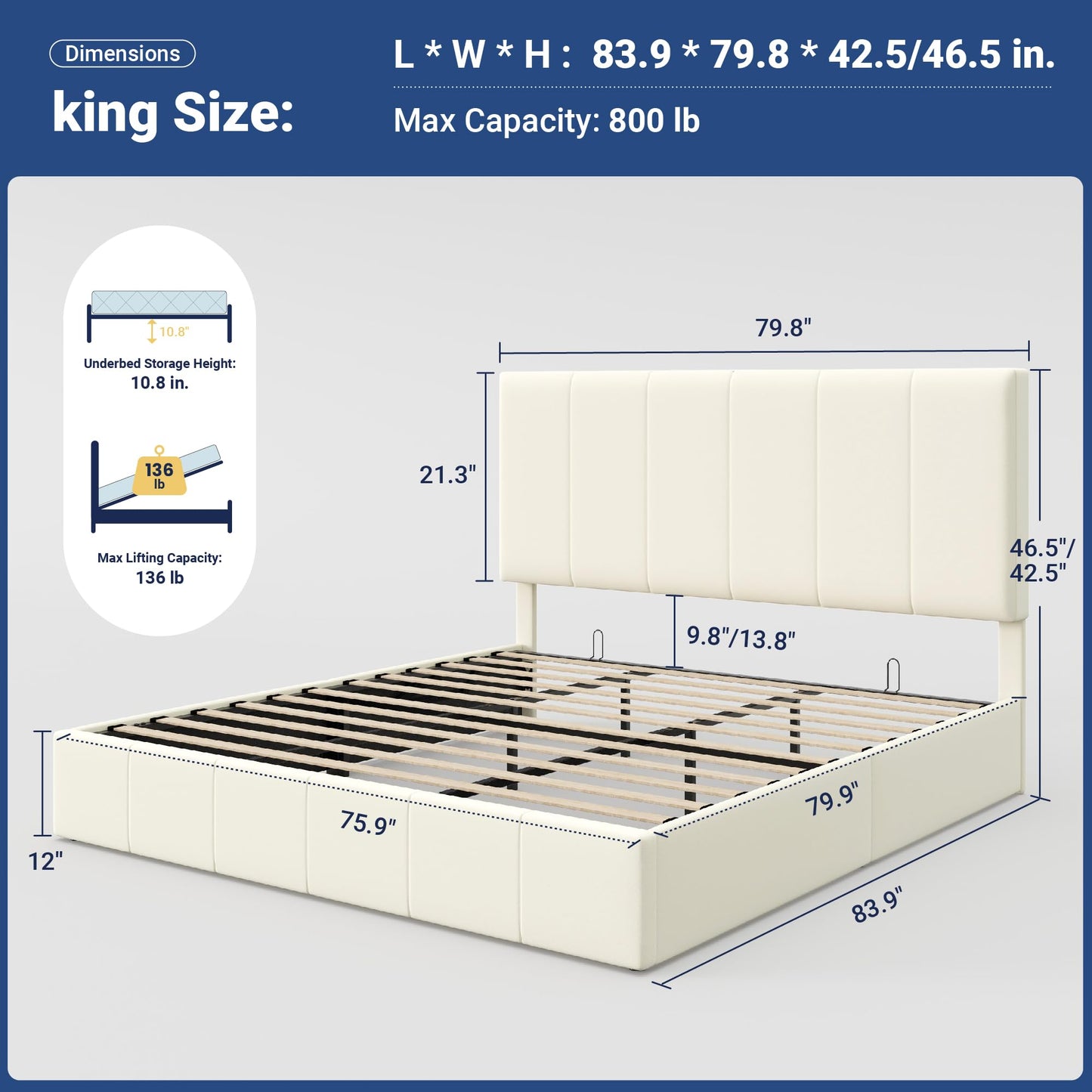 Allewie King Size Velvet Lift Up Storage Bed Frame, Vertical Channel Tufted Headboard, Hydrualic Underneath Storage, Upholstered Platform Bed, Wooden Slats Support, No Box Spring Needed, Cream