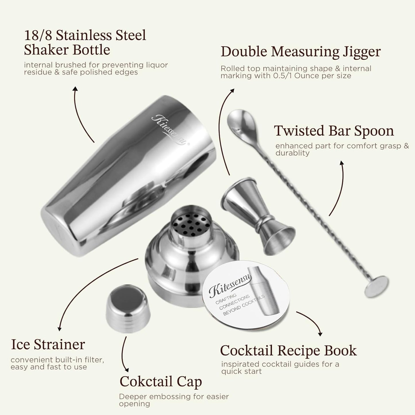 24oz Set Cocktail Shaker, KITESSENSU Drink Shaker with Bartender Strainer, Measuring Jigger, Bar Mixing Spoon, Cocktail