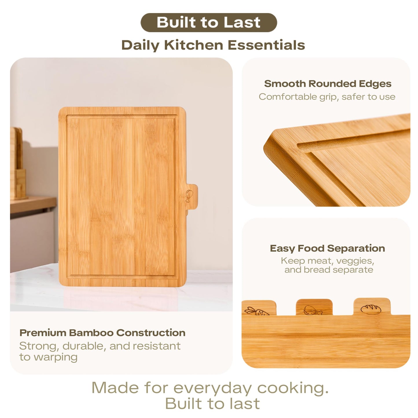 Coktaseleg Bamboo Cutting Boards for Kitchen Set of 3, Large 14’’ x 10’’ with Holder, Wooden Cutting Board with Juice Groove & Labels for Meat Vegetables Bread