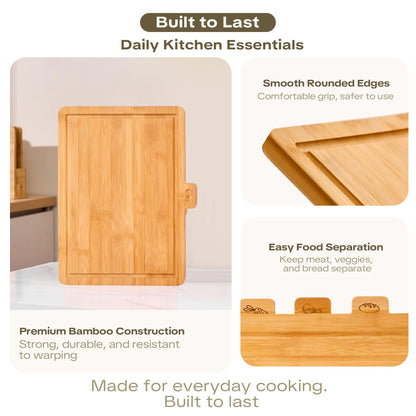 Coktaseleg Bamboo Cutting Boards for Kitchen Set of 3, Large 14’’ x 10’’ with Holder, Wooden Cutting Board with Juice Groove & Labels for Meat Vegetables Bread