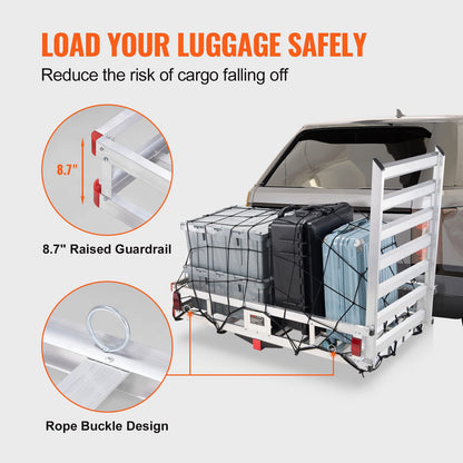 VEVOR 50 x 29.5 x 8.7 in Hitch Cargo Carrier, 500lb Capacity Trailer Hitch Mount Aluminum Cargo Basket with Folding Ramp, Luggage Carrier Rack Fits 2" Hitch Receiver for SUV Truck Pickup Camping