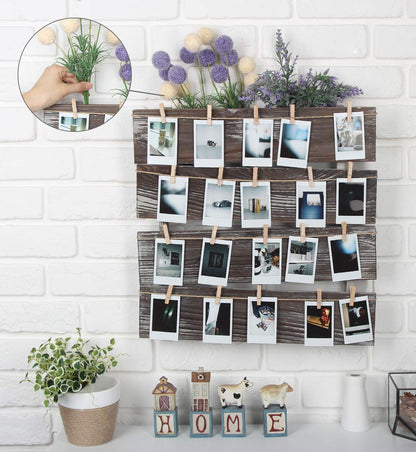 J JACKCUBE DESIGN Wall Mount Rustic Wood Clip Photo Holder, Photo Collage Frame for Multi Photo Display Wall Décor with 24 Clips 17.5 X 17.3inch - MK558A