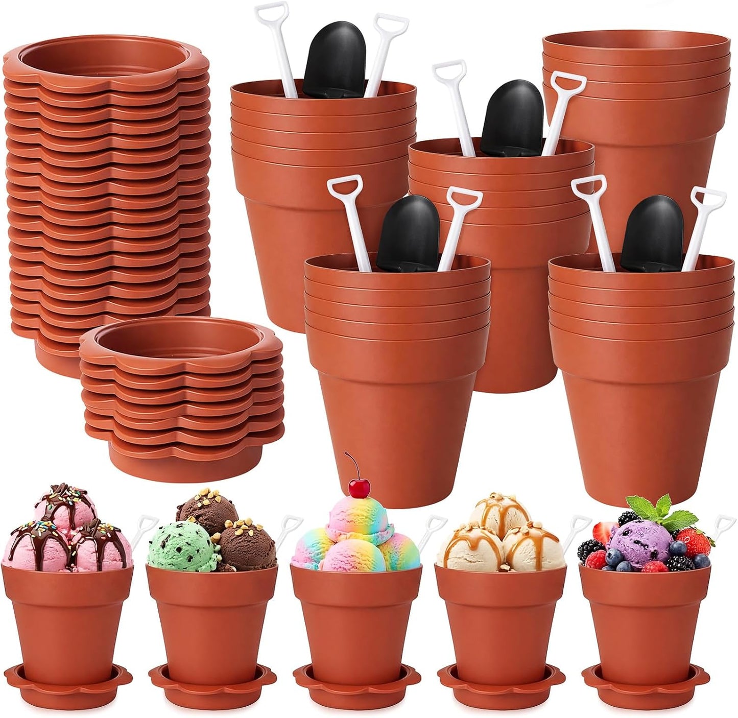 24 Pack Patelai Flower Pot Dessert Cups with Shovel Spoons Plastic Cake Desserts Cups for Farmers Market Construction