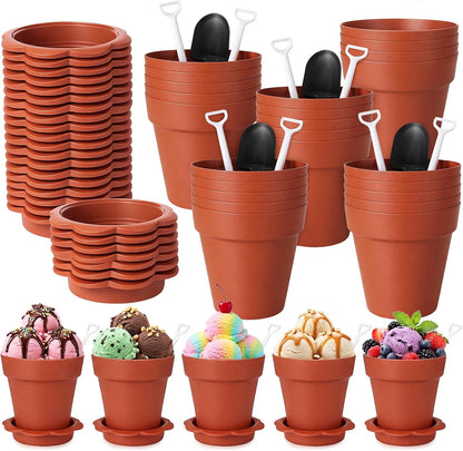 24 Pack Patelai Flower Pot Dessert Cups with Shovel Spoons Plastic Cake Desserts Cups for Farmers Market Construction