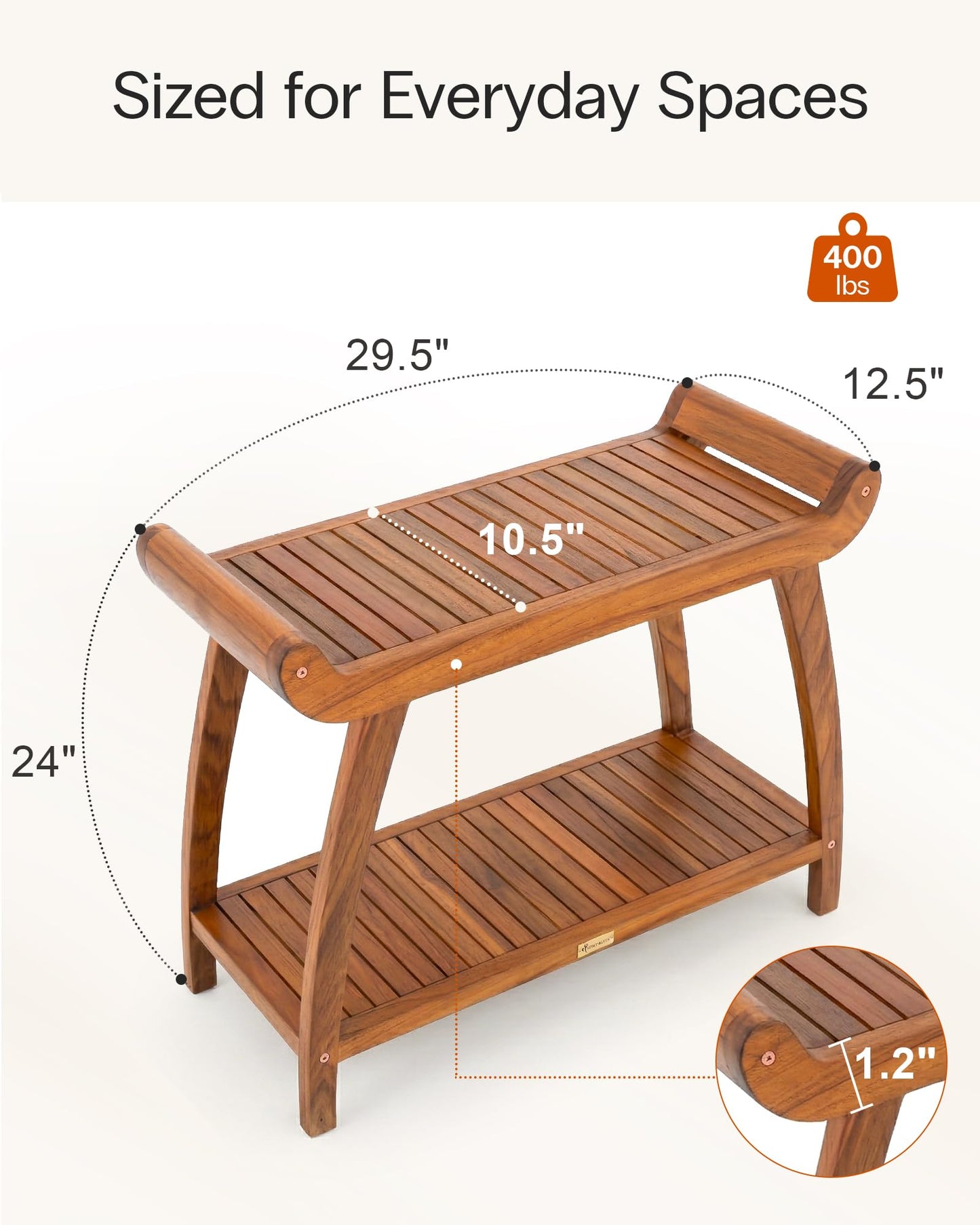 StrongTek Long Teak Shower Bench with Handles and Shelf, Solid Teak Wood Bathroom Bench, Quick-Dry Slatted Bath Bench, 29.5" L x 12.5" D x 24" H, 400 lbs Capacity, for Shower or Bathroom