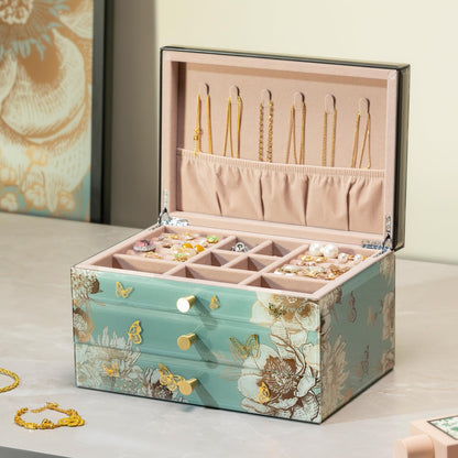 Homruilink High End Glass Jewelry Box, 3 Layer Jewelry Organizer, Velvet-Lined Case For Ring, Necklace, Earring, Bracelet Storage, Ideal Gift (Bird & Floral)