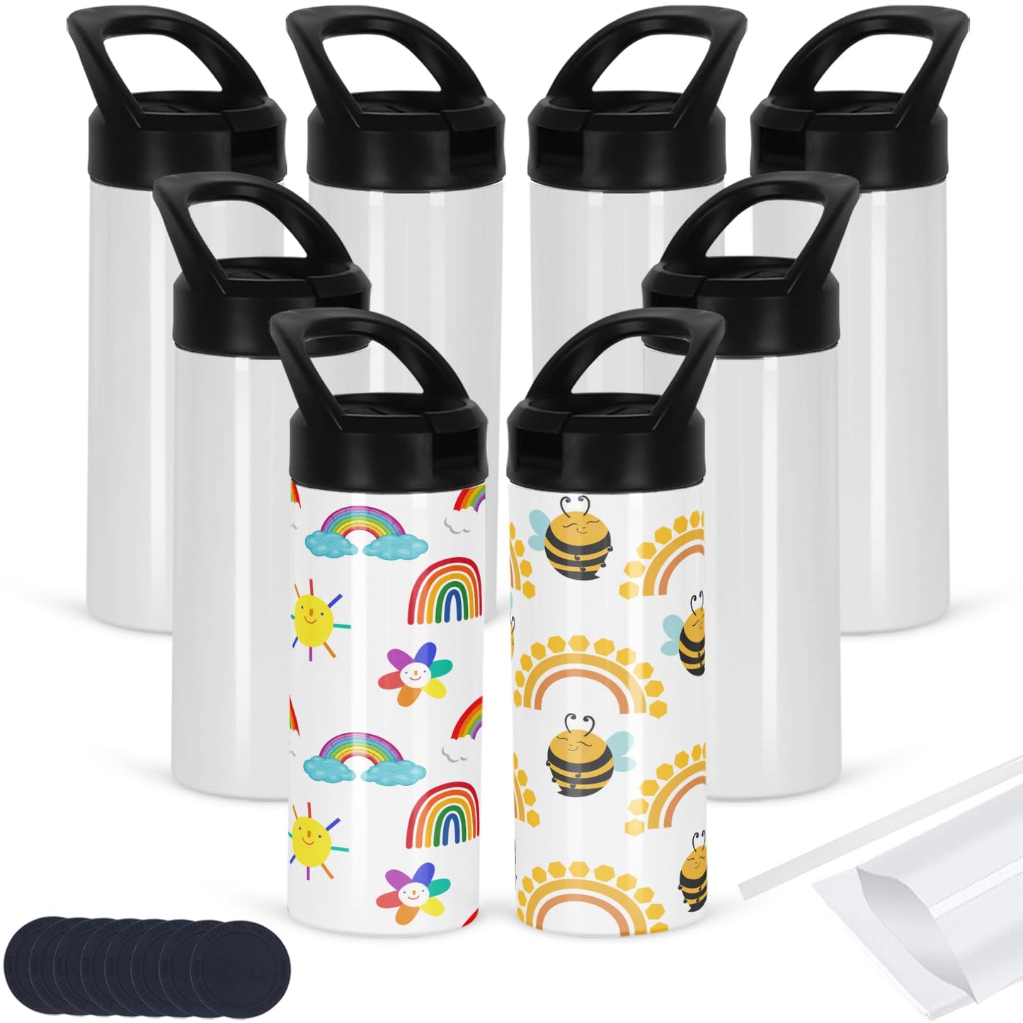 Micellwuu 8 Pack Kid Sublimation Sports Water Bottle Blanks, 15 Oz Sublimation Tumblers Bulk Leak Proof Stainless Steel Bottles Flask with Portable Handle, Individually Boxed