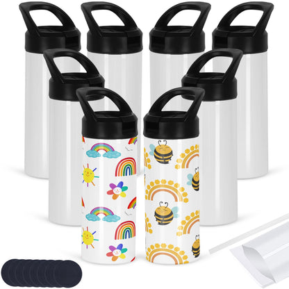 Micellwuu 8 Pack Kid Sublimation Sports Water Bottle Blanks, 15 Oz Sublimation Tumblers Bulk Leak Proof Stainless Steel Bottles Flask with Portable Handle, Individually Boxed