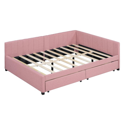 Merax Upholstered Daybed with 2 Storage Drawers, Full Size Sofa Bed Frame, No Box Spring Needed, Linen Fabric, Pink