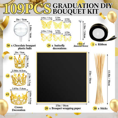 Funnymoom 109 Graduation DIY Chocolate Flower Bouquet Kit 2026 Candy Rose Clear Acrylic Lollipop Ball Holder Floral Wrapping Paper 3D Gold Butterfly Crown Ribbon Grad Gift(Black and Gold)