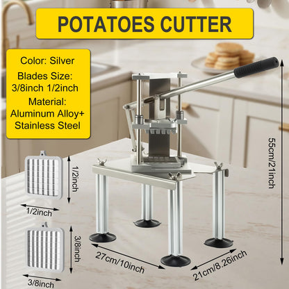 Commercial Heavy Duty French Fry Cutter, Stainless Steel Potato Slicer with 1/2" & 3/8" 2 Blades, Strong Suction Manual Vegetable Cutter for Restaurant, Food Truck, Home Commercial Kitchen
