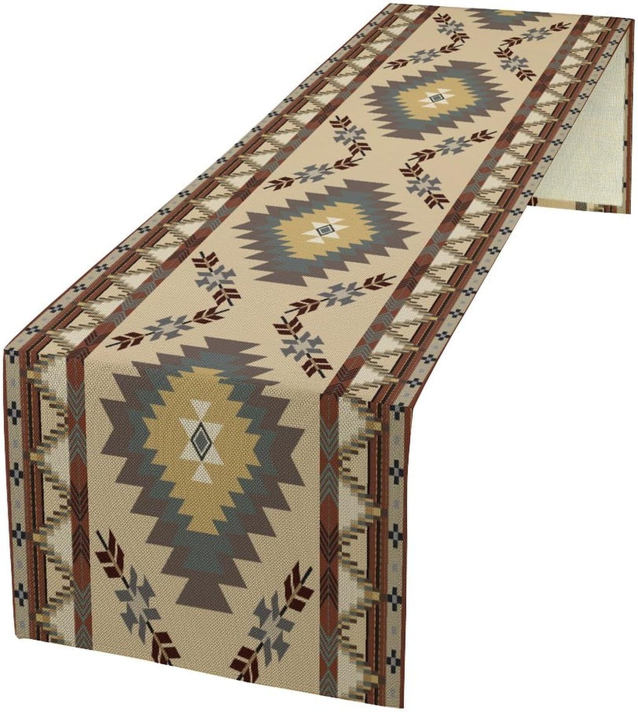 BATPLY Seamless 13x36in x1 Ethnic Aztec Linen Table Runner, Retro Boho Rustic Farmhouse Brown Red Native Tribal