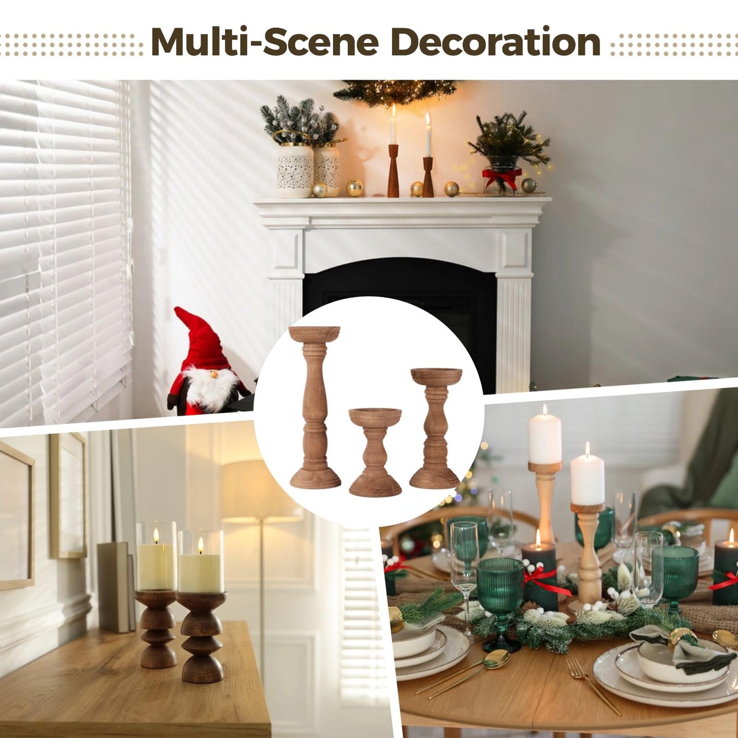 Set of 3 Farmhouse Wooden Candle Holders for Pillar Candles, Rustic Candle Stand Table Centerpiece Decor with Height Variety for Living Room, Fits 3-Inch Candles