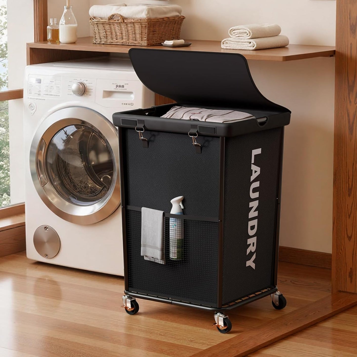 150L Laundry Basket with Wheels, Rolling Laundry Hamper with Cloth Cover, Laundry Cart with Metal Frame & Removable