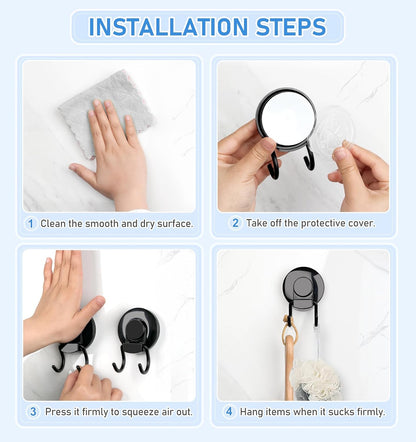 VIS'V Heavy Duty Shower Suction Cup Hooks - Removable & Reusable Double Hooks, Black (2 Pcs)