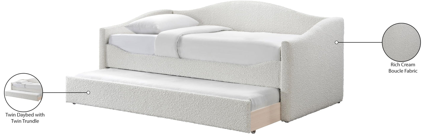 Meridian Furniture ArloCream-T Arlo Collection Modern | Contemporary Twin Daybed with Rich Cream Boucle Fabric, Twin Trundle, 82.5" W x 43.5" D x 32" H, Cream