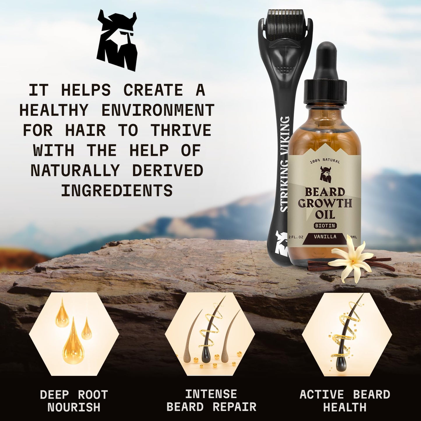 Striking Viking Beard Oil with Biotin for Men - 2 Fl Oz, 1 Pack, Sandalwood - Thickening & Conditioning Beard Growth Oil & Serum with Argan & Jojoba for Hydrated Facial Hair