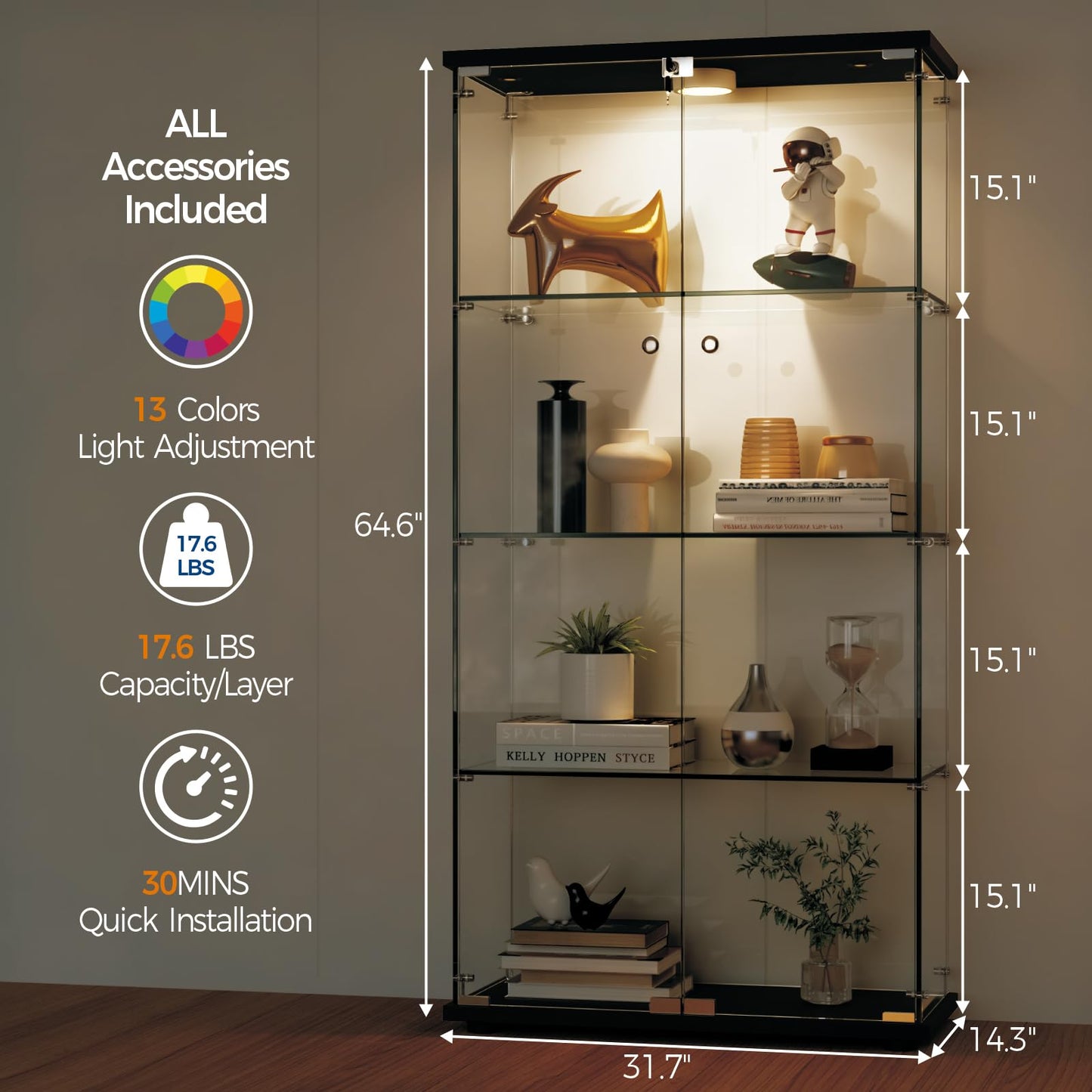 IDEALHOUSE Tempered Glass Display Cabinet with LED Light, 4 Shelves Lockable Curio Showcase, Double Doors Storage Cabinet for Living Room Bedroom Office, Black (64x31.7x14.3 in)