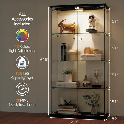 IDEALHOUSE Tempered Glass Display Cabinet with LED Light, 4 Shelves Lockable Curio Showcase, Double Doors Storage Cabinet for Living Room Bedroom Office, Black (64x31.7x14.3 in)