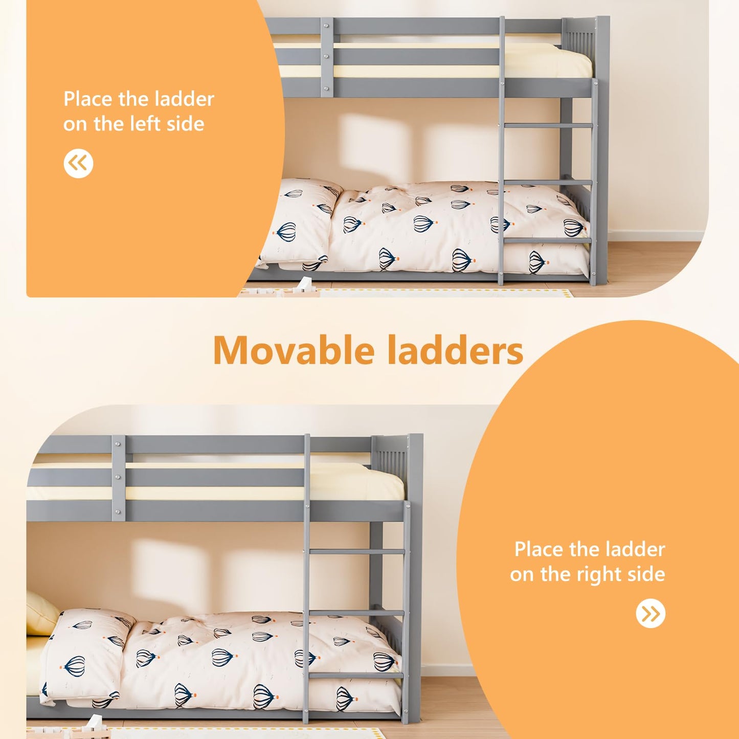 JOYMOR Solid Wood Low Twin Over Twin Bunk Bed for Kids/Junior, Bunk Bed Frame with Guardrails & Ladder for Boys Girls, No Box Spring Needed (Gray)
