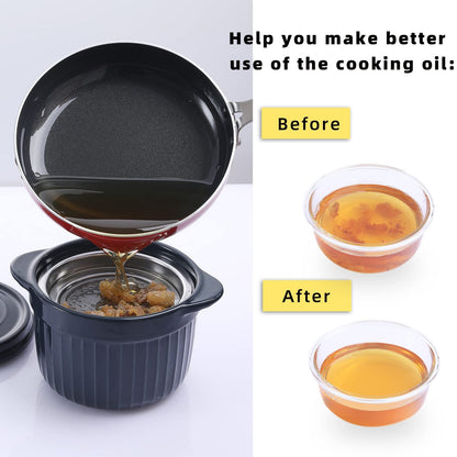 ONTUBE Ceramic Bacon Grease Container Keeper with Strainer, Frying Oil Storage Can 17 oz, Navy