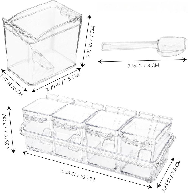 Qulfimea Clear Seasoning Box, 4 Pieces Acrylic Seasoning Rack Spice Jars with Spoons,Storage Container Condiment Jars - Cruet with Cover