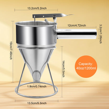 40oz Pancake Batter Dispenser, Stainless Steel Funnel Cake Dispenser with Stand Heavy Duty Baking Tool for Cupcake Waffles Cakes Takoyaki and Kitchen Baking (Large)