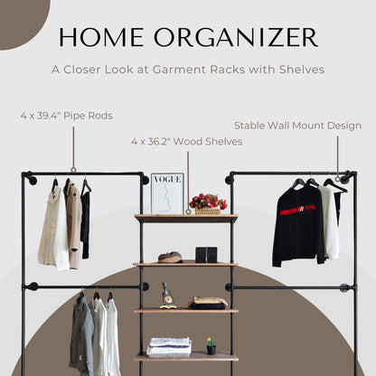 Anynice Industrial Pipe Clothing Rack Wall Mounted, DIY Custom Closet System with Shelves, Heavy Duty Garment Hanging Rack for Walk in Closet, Laundry Room, Retail Display, 14.6x122.8x82.7 in, Y05