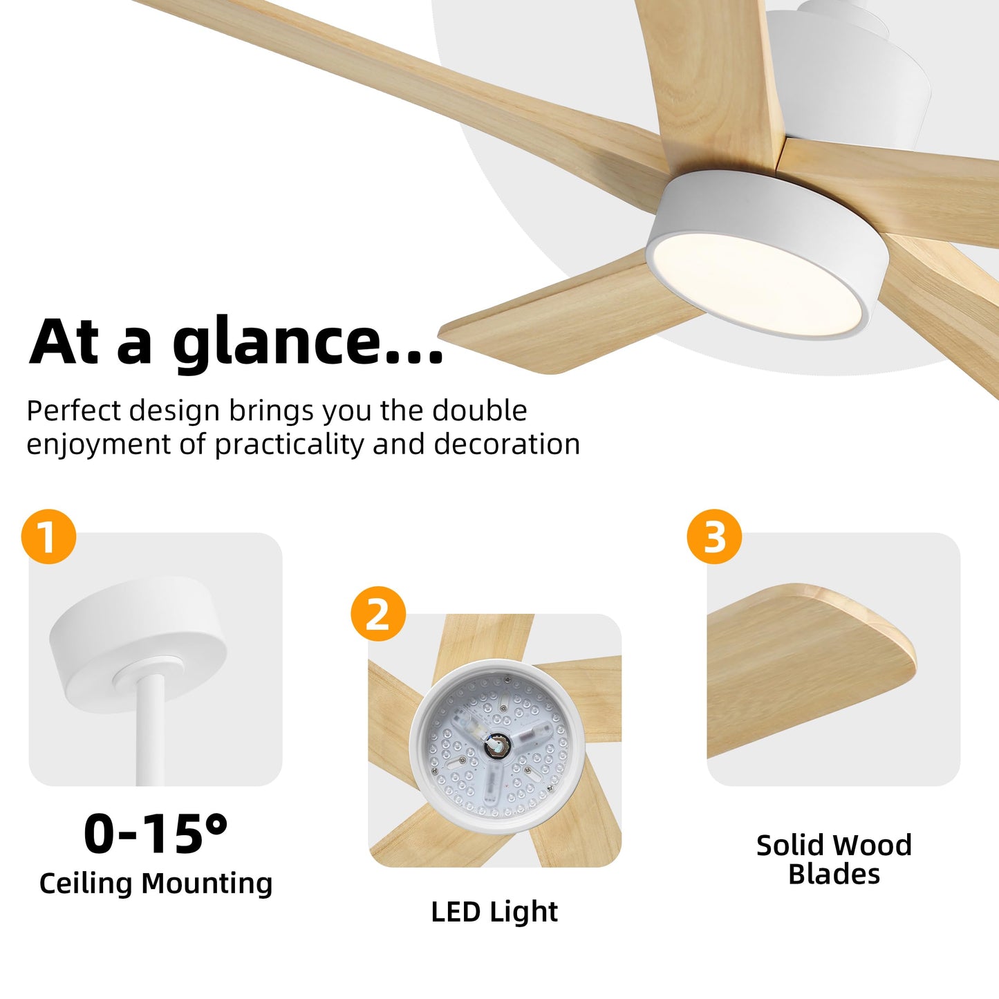 WINGBO 48 Inch DC Ceiling Fan with Lights and Remote Control, 5 Carved Solid Wood Blades, 6-Speed Noiseless Reversible DC Motor, Indoor Ceiling Fan in Gloss White Finish with Oak Blades